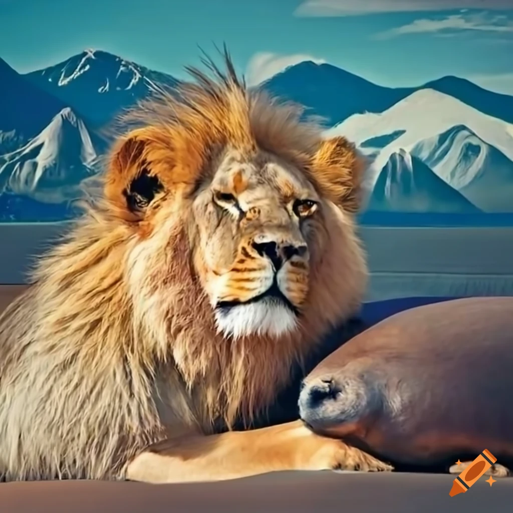 lion and seal cuddling on a couch
