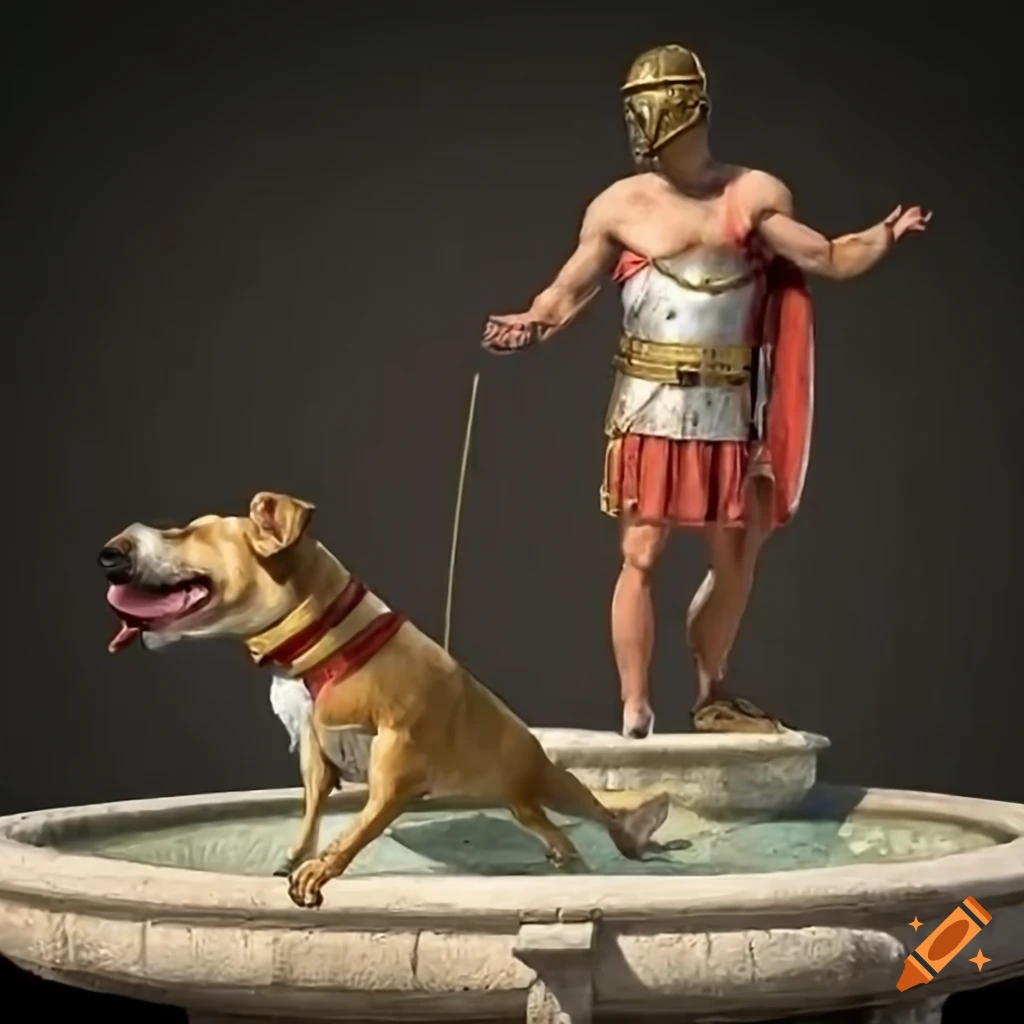 Roman legionary and his dog near a Roman-style fountain