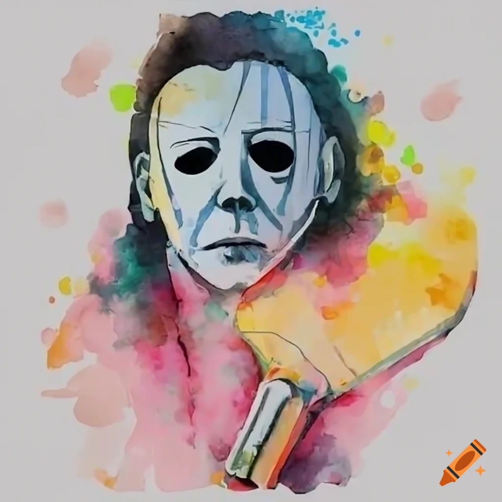 Michael Myers holding a pink pickleball paddle in a dark forest