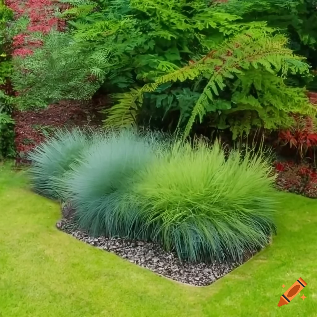 garden bed with ripe cranberries, fern and festuca gautieri elijah blue