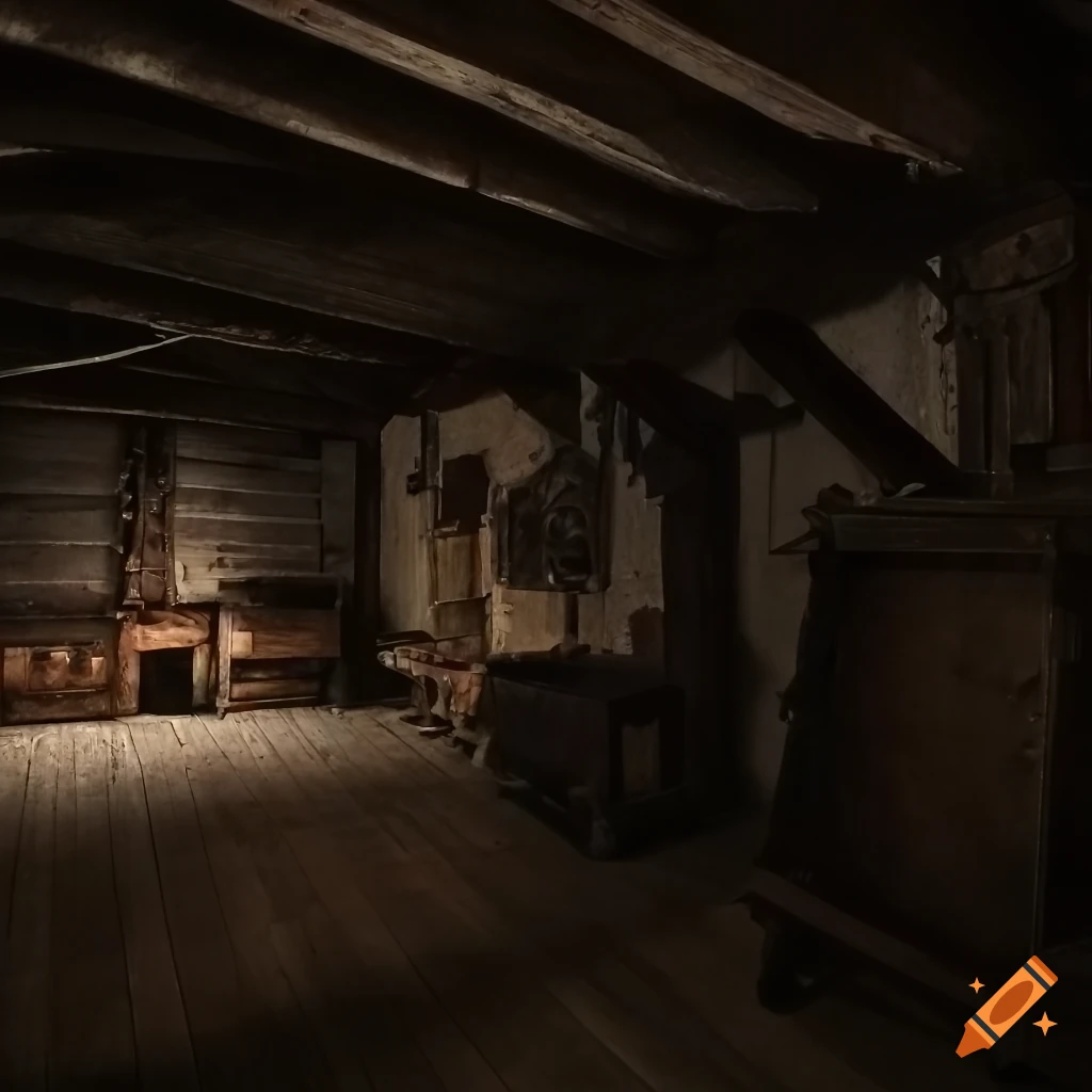 medieval dark attic room with old furniture and chests