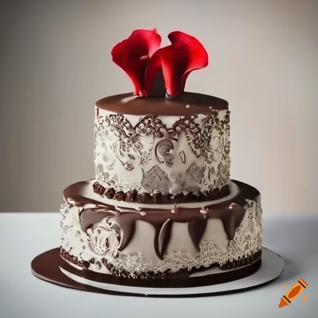 wedding cake with red calla lilies and chocolate glaze