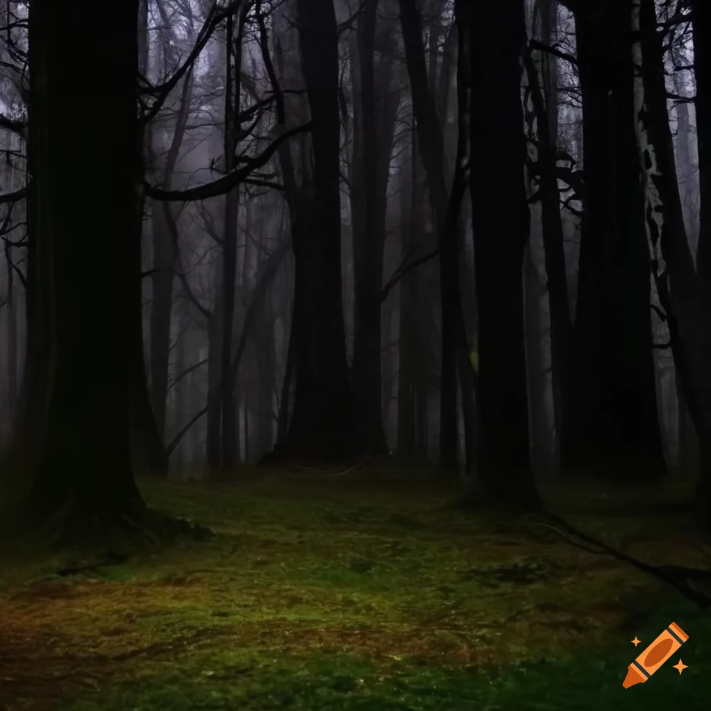 mysterious forest with mist and eerie lights
