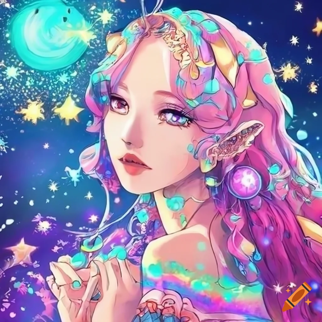 colorful anime artwork of a serene celestial hippie lady