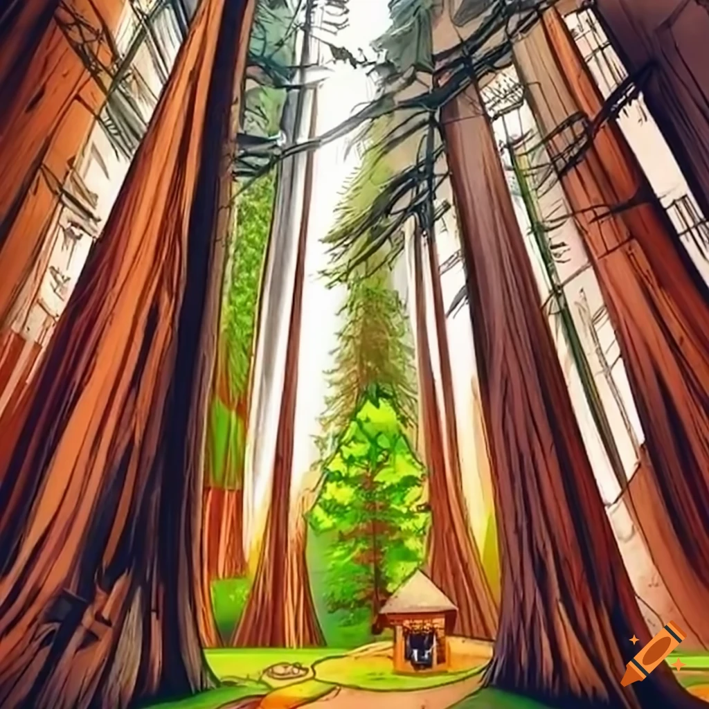 windmills in a redwood forest