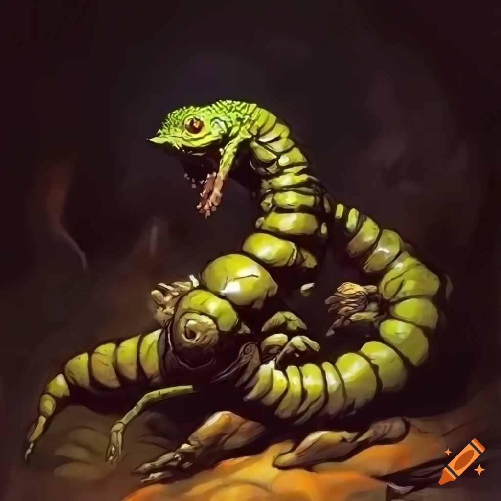 detailed artwork of a lizard/centipede monster