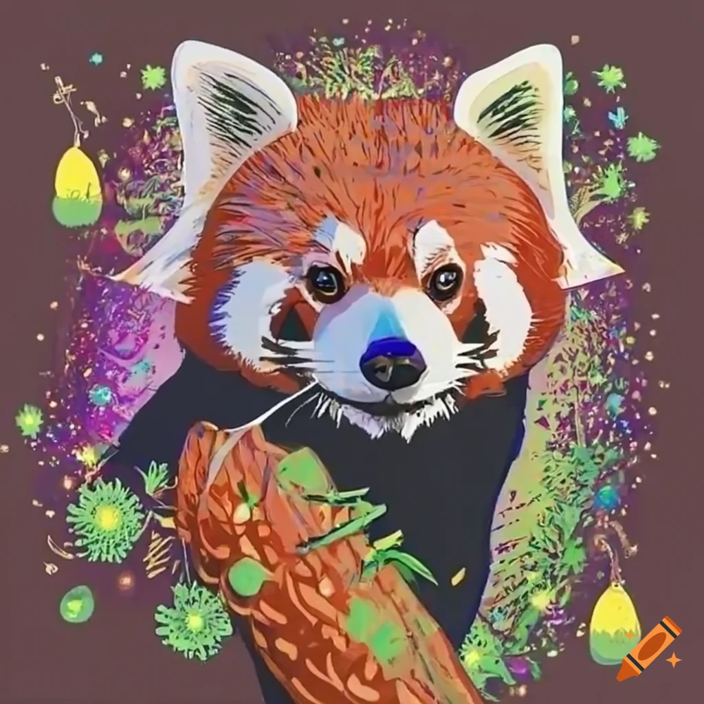 red panda surrounded by magic particles in an enchanted forest