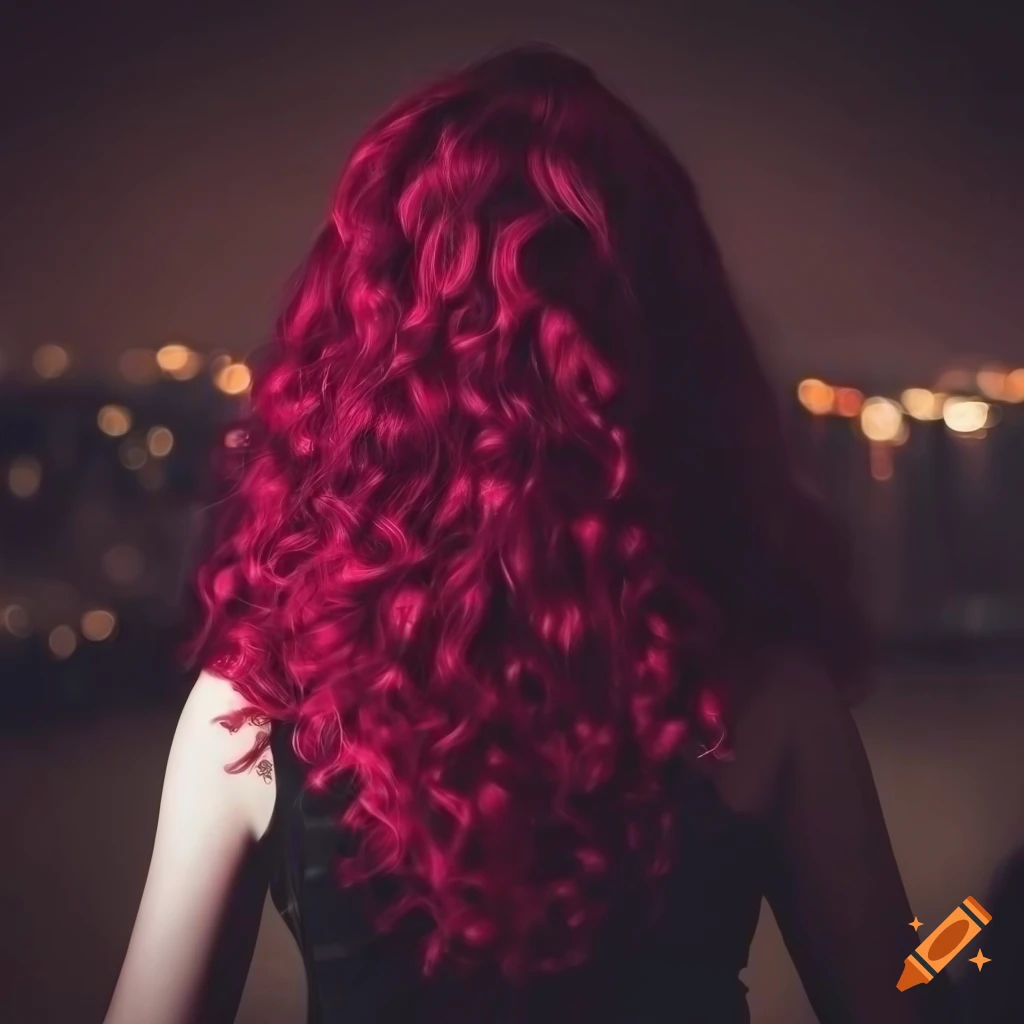 gothic woman with wine red hair in the city at night