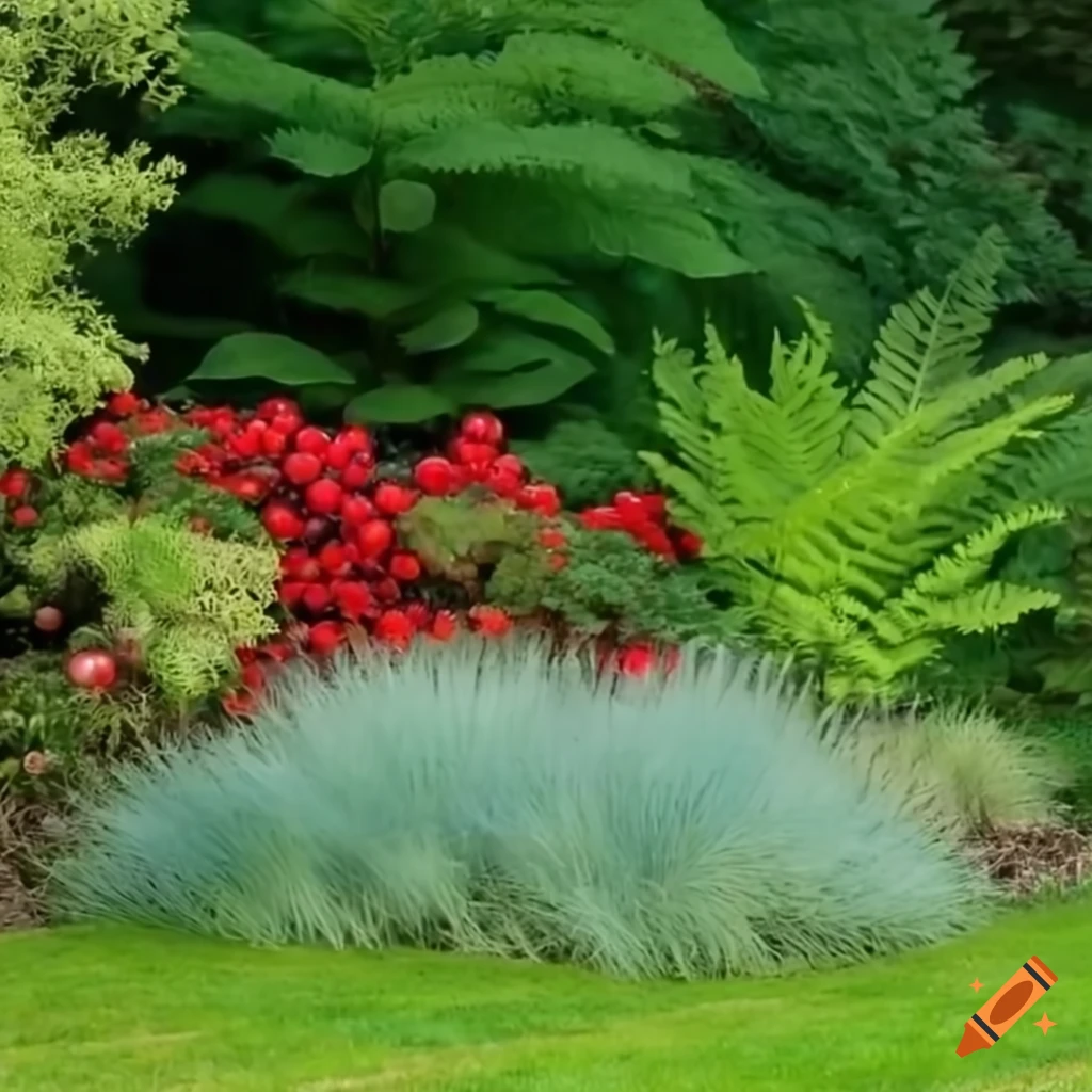 garden bed with ripe cranberries, fern and festuca gautieri elijah blue