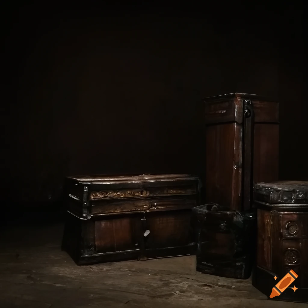 dark room filled with old wooden chests