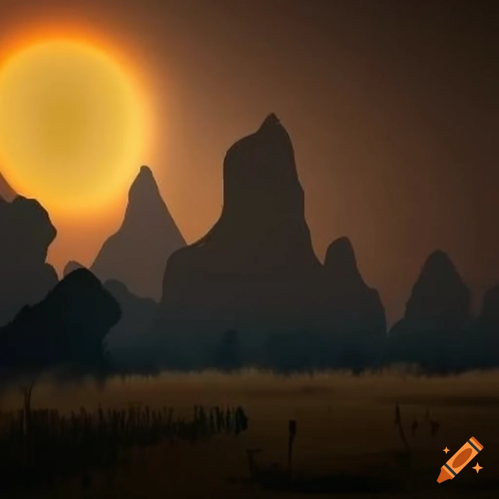 prehistoric landscape at dusk