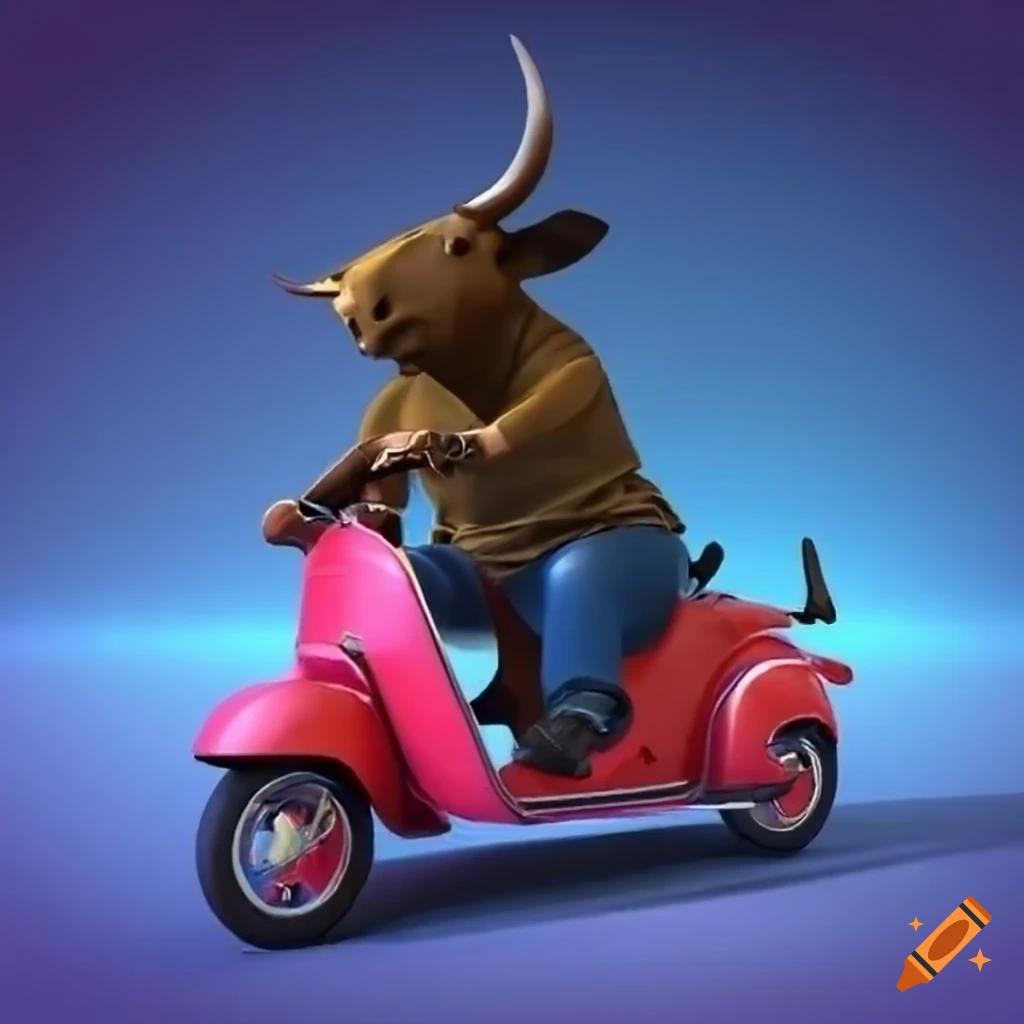 3D art of a bull riding a scooter