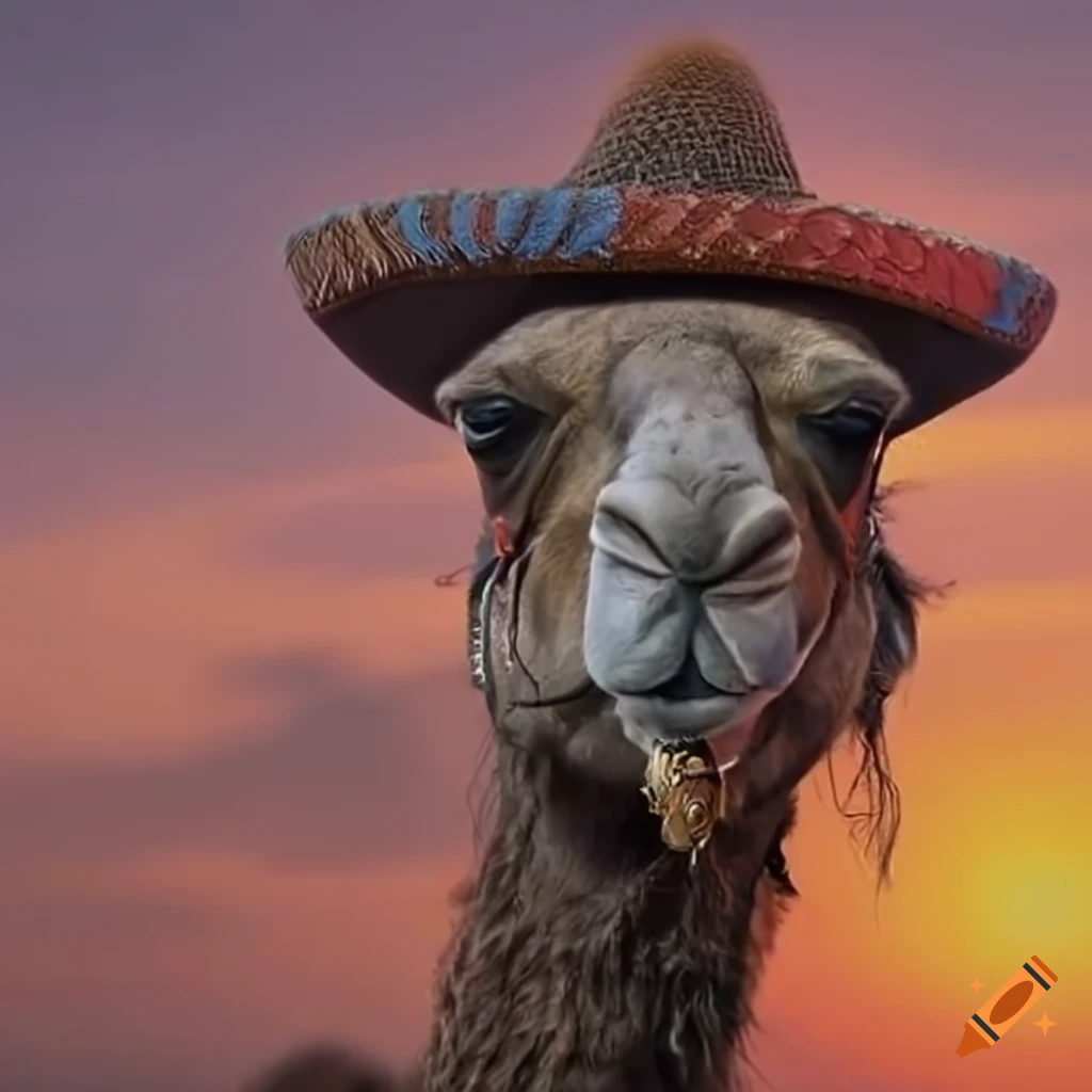 camel wearing a sombrero with sunset backdrop