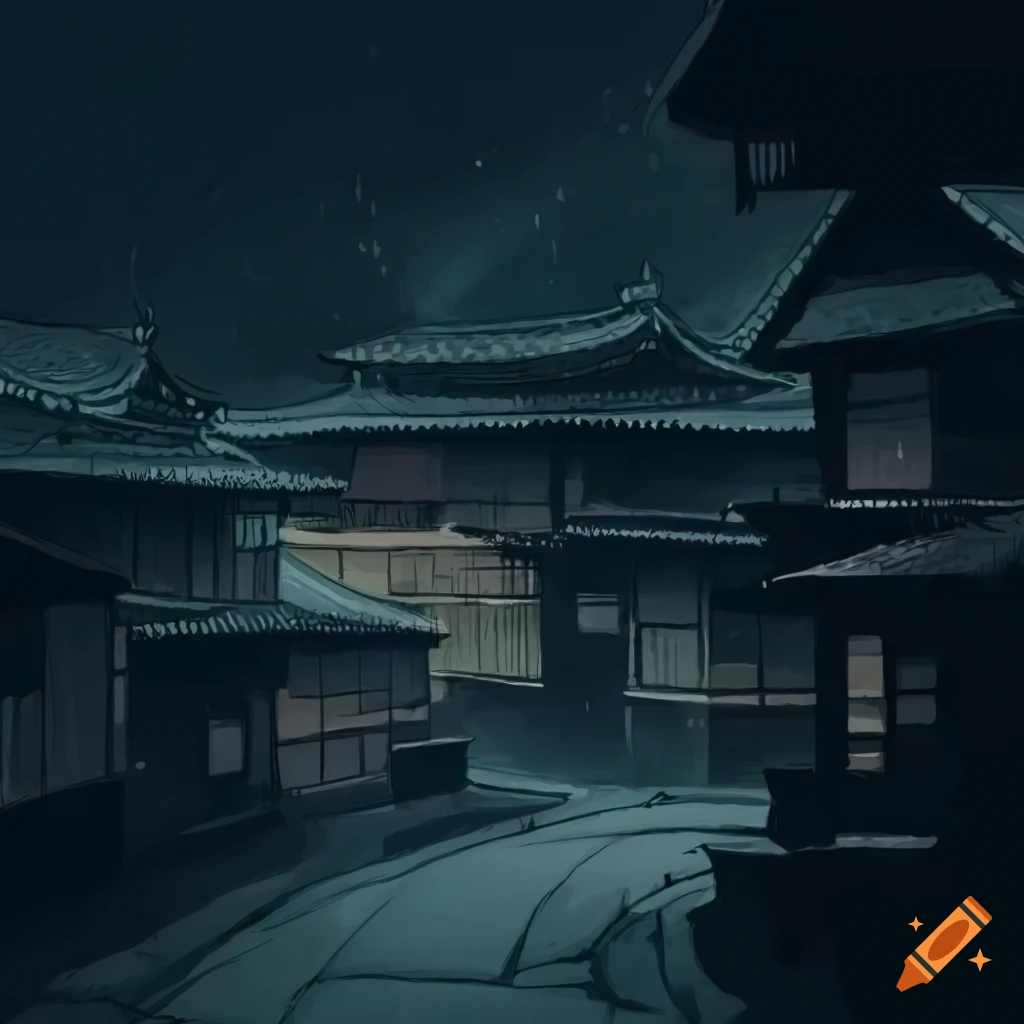colorful illustration of a Japanese village in pouring rain