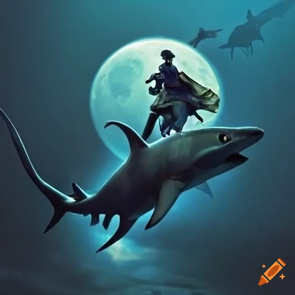 artistic depiction of George Washington riding a shark across the moon