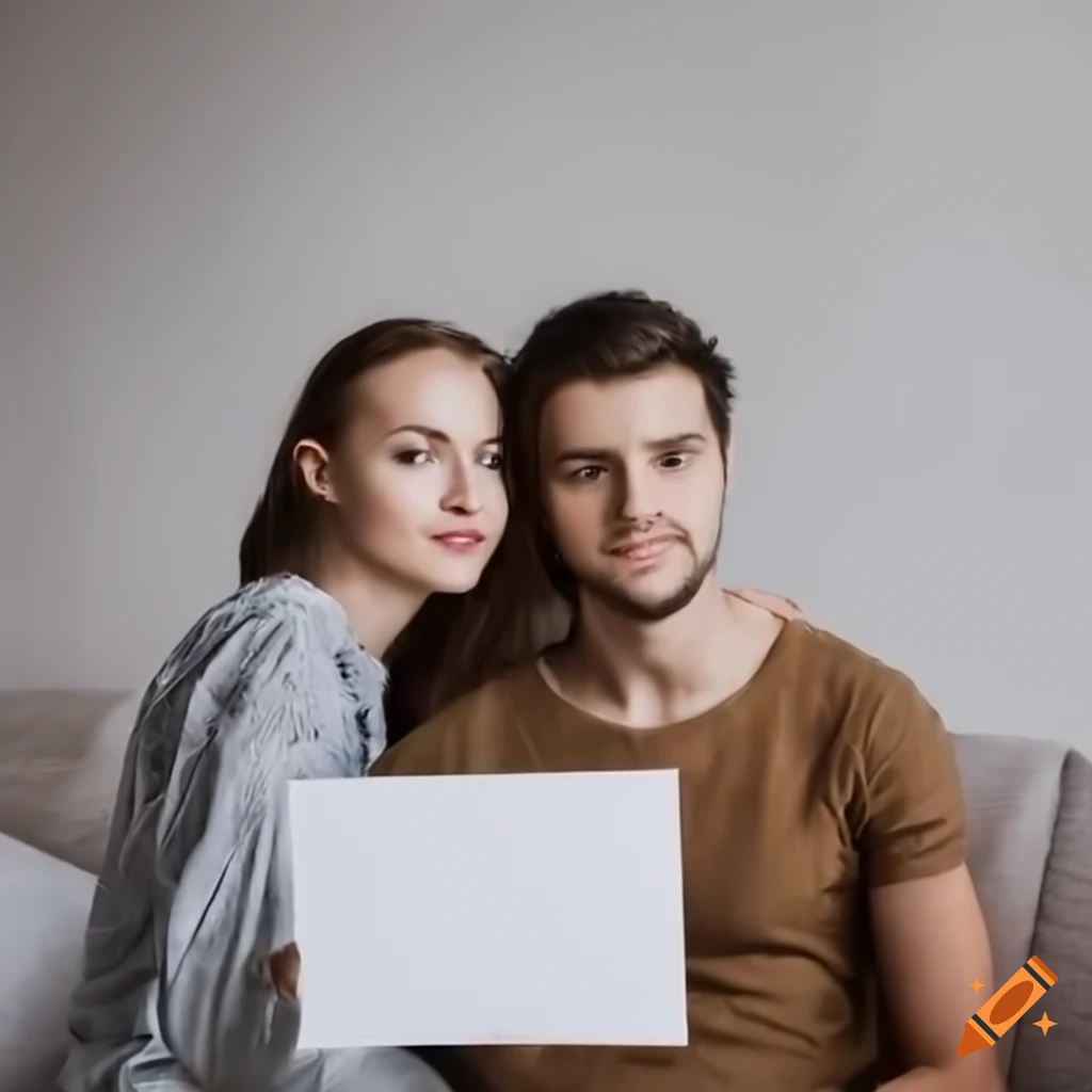 couple holding placard in a living room