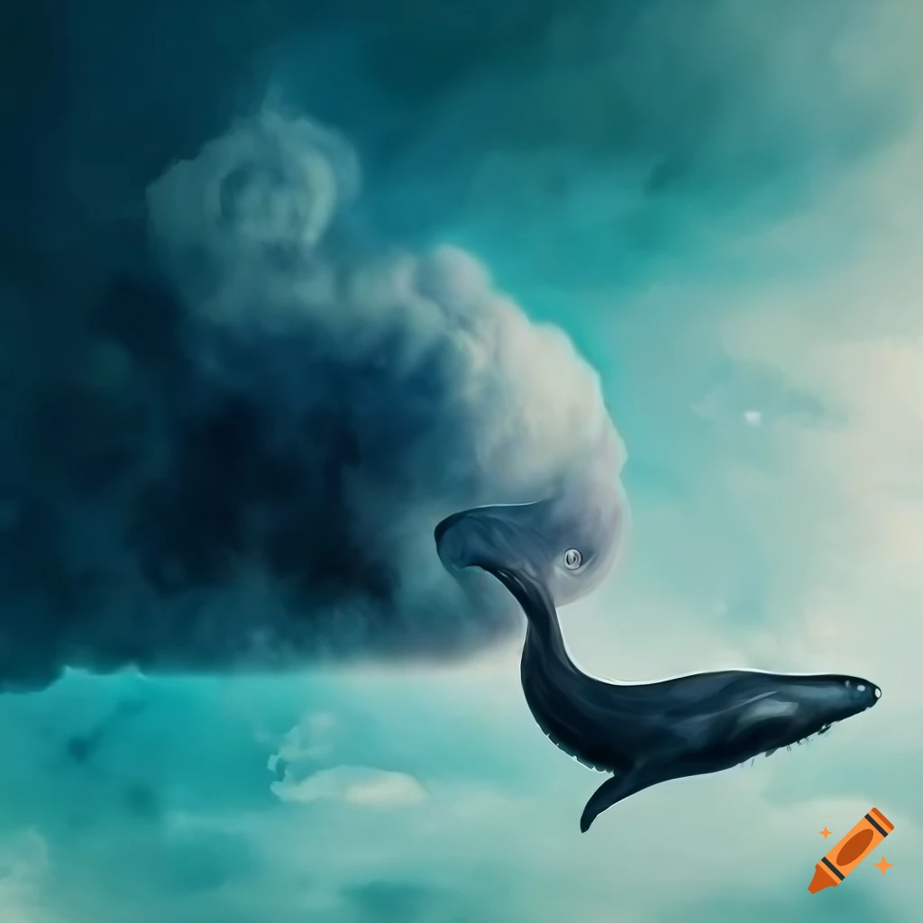 surreal artwork of a flying whale in the clouds
