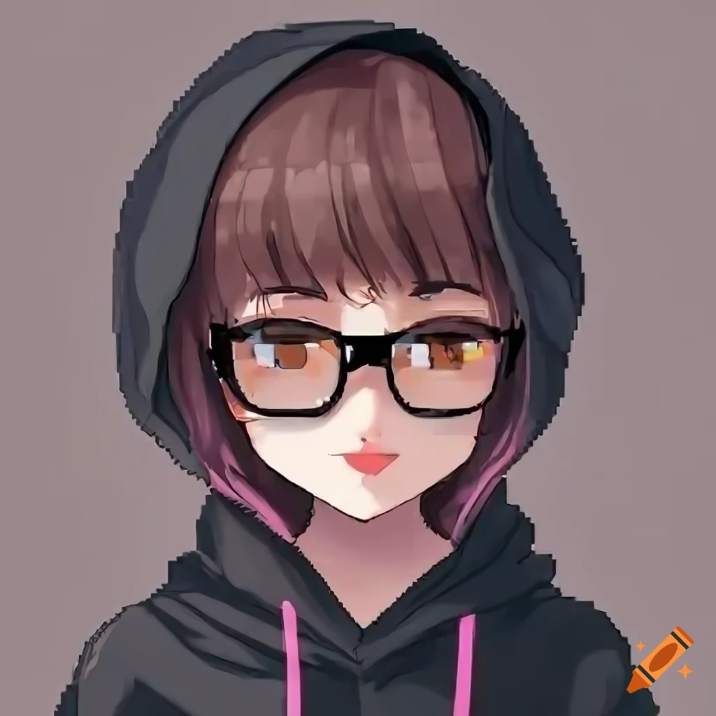 cute anime pixel art of a short brunette woman in glasses and black hoodie