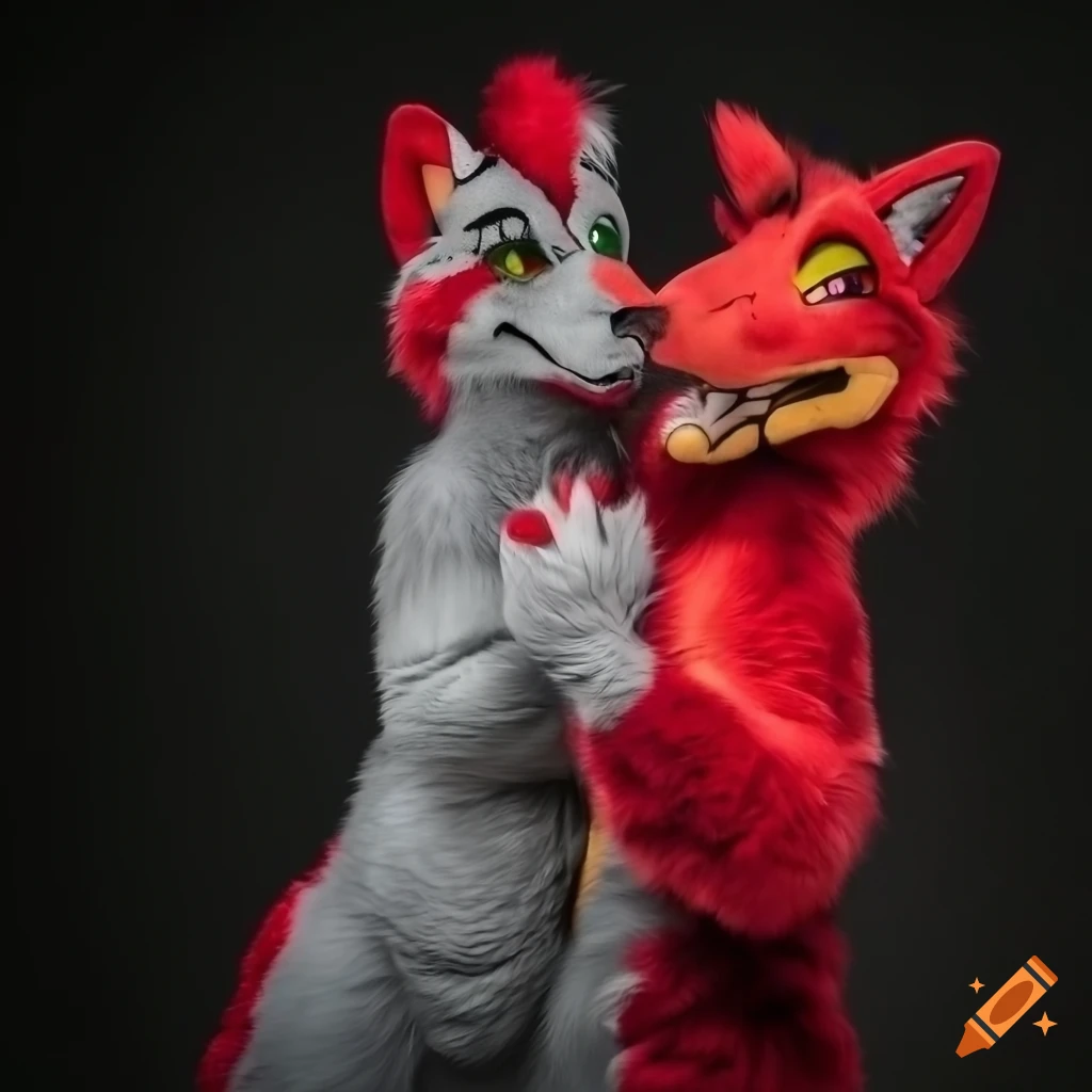 cute red raptor fursuit in a forest