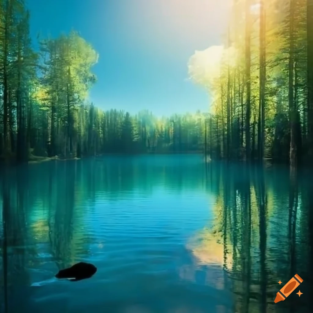dreamy woods with a blue lake under a beautiful sun