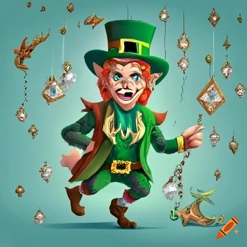 illustration of a leprechaun winning a race with seven diamonds