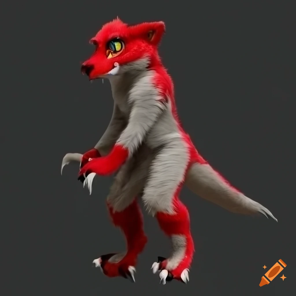 cute red raptor fursuit in a forest