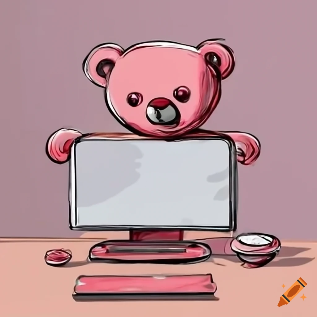 pink Teddy Bear toy at a desk with a computer