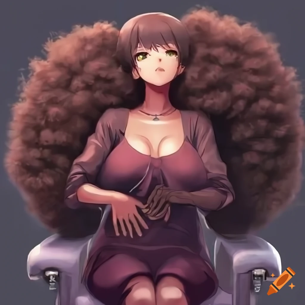 anime woman with a voluminous afro in a salon