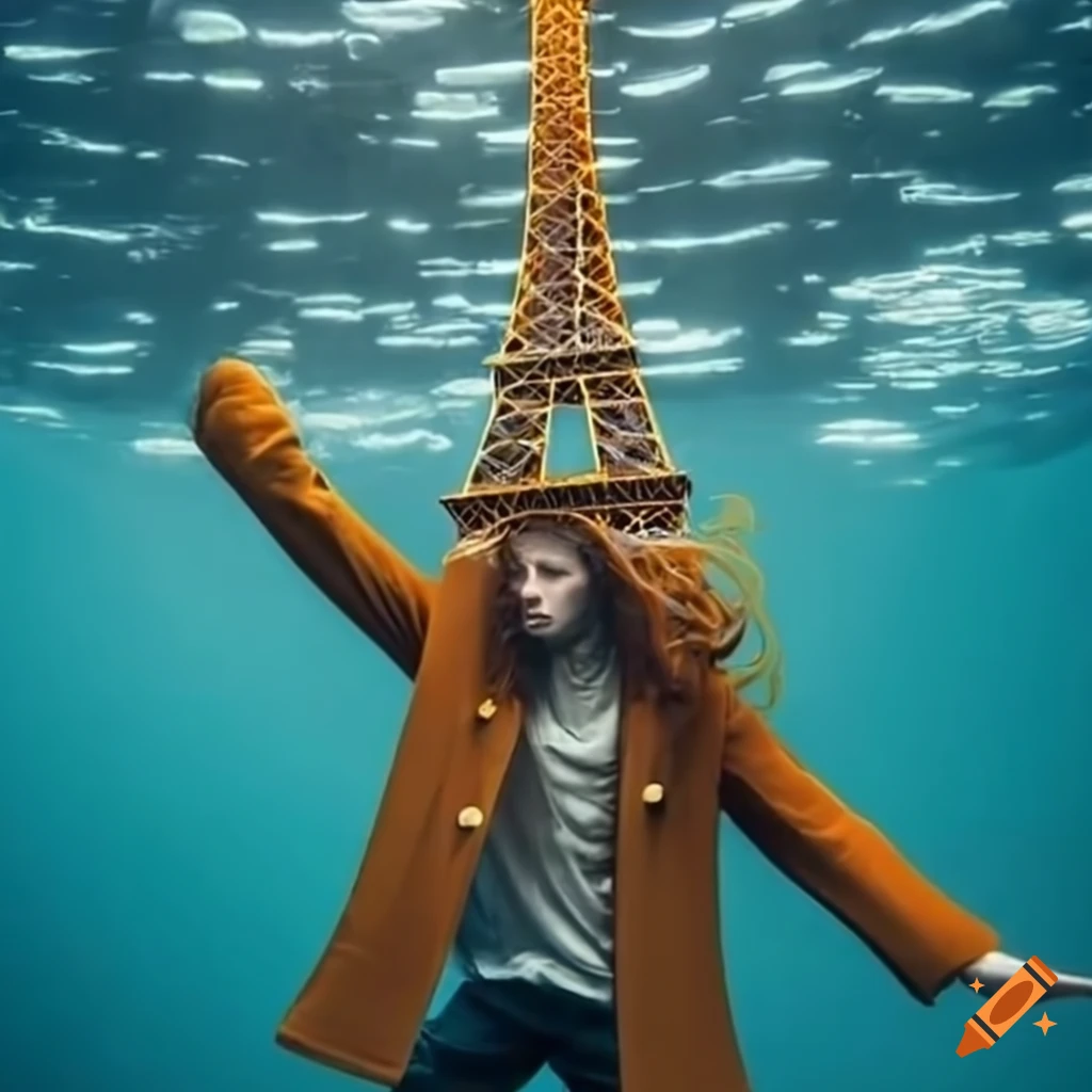 artistic depiction of Eiffel Tower made of spaghetti underwater
