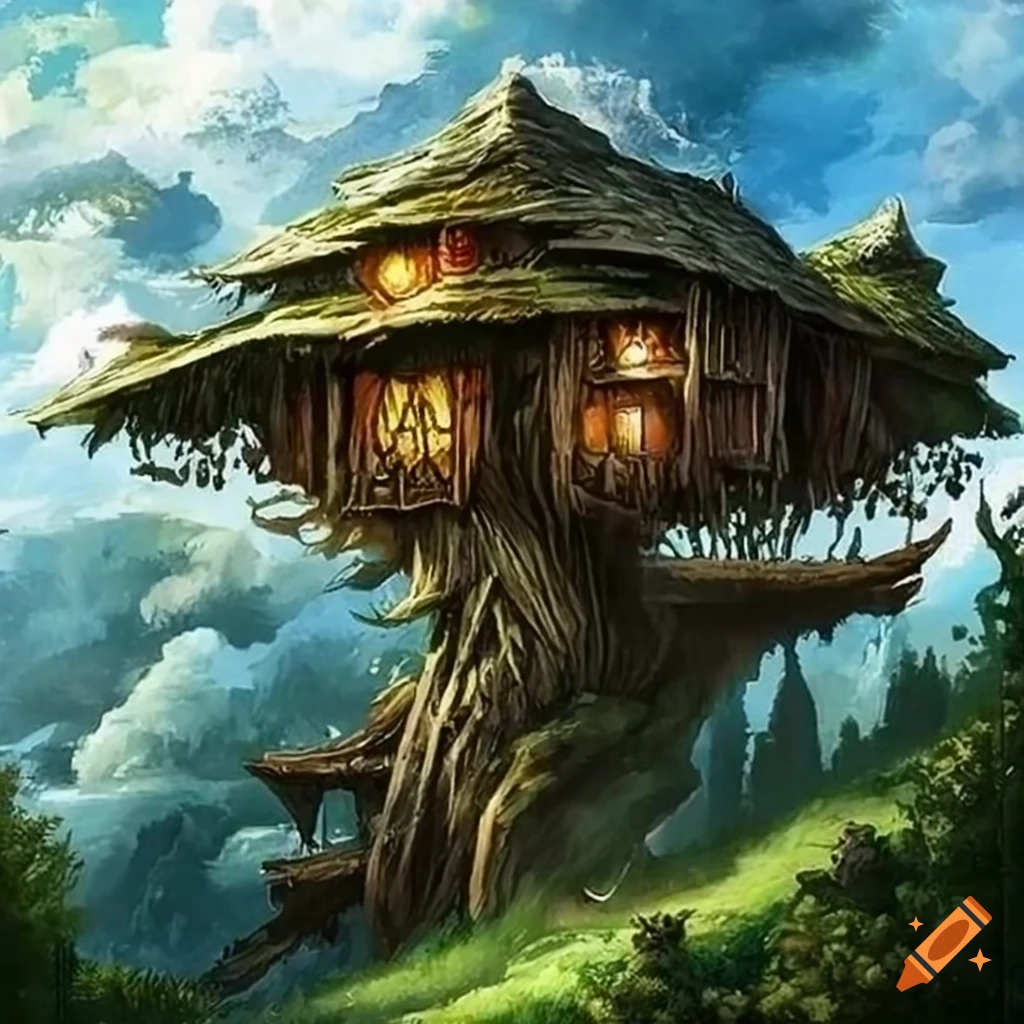 epic fantasy art of a massive treehouse in the clouds