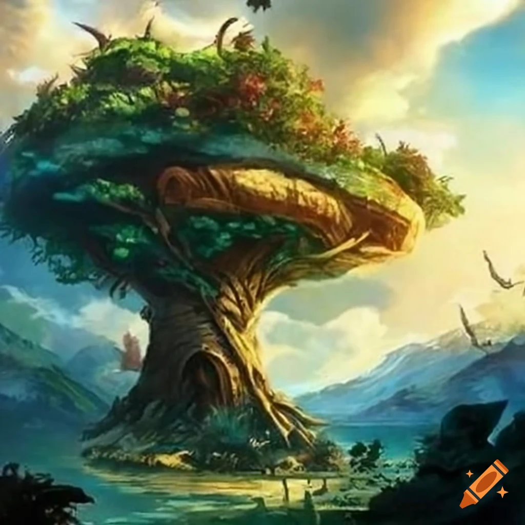 epic fantasy art of a giant treehouse in the clouds