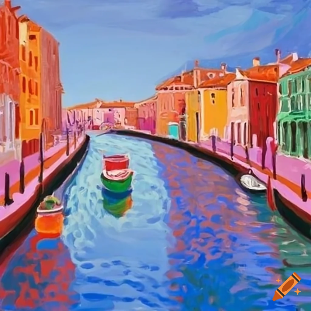 Venice spring oil painting in David Hockney's pop art style