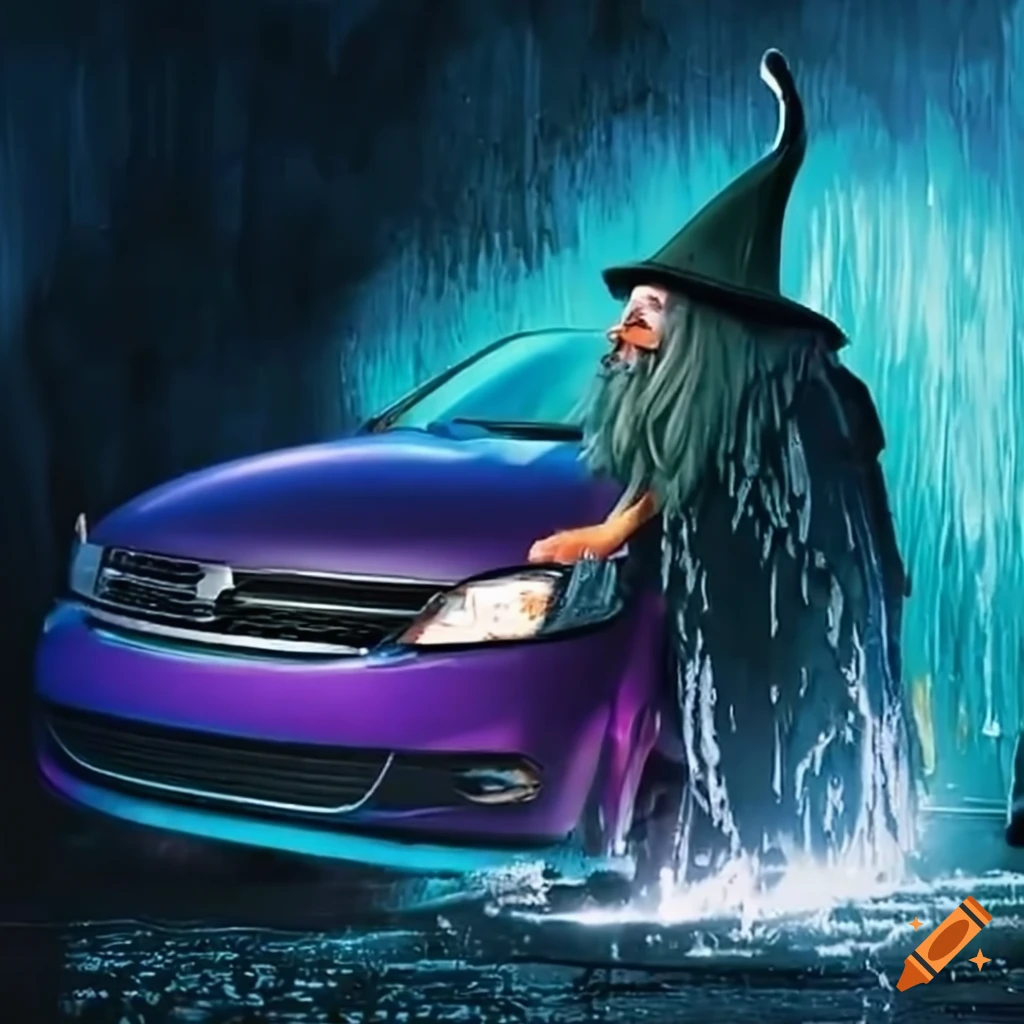 fantasy illustration of a wizard washing a car