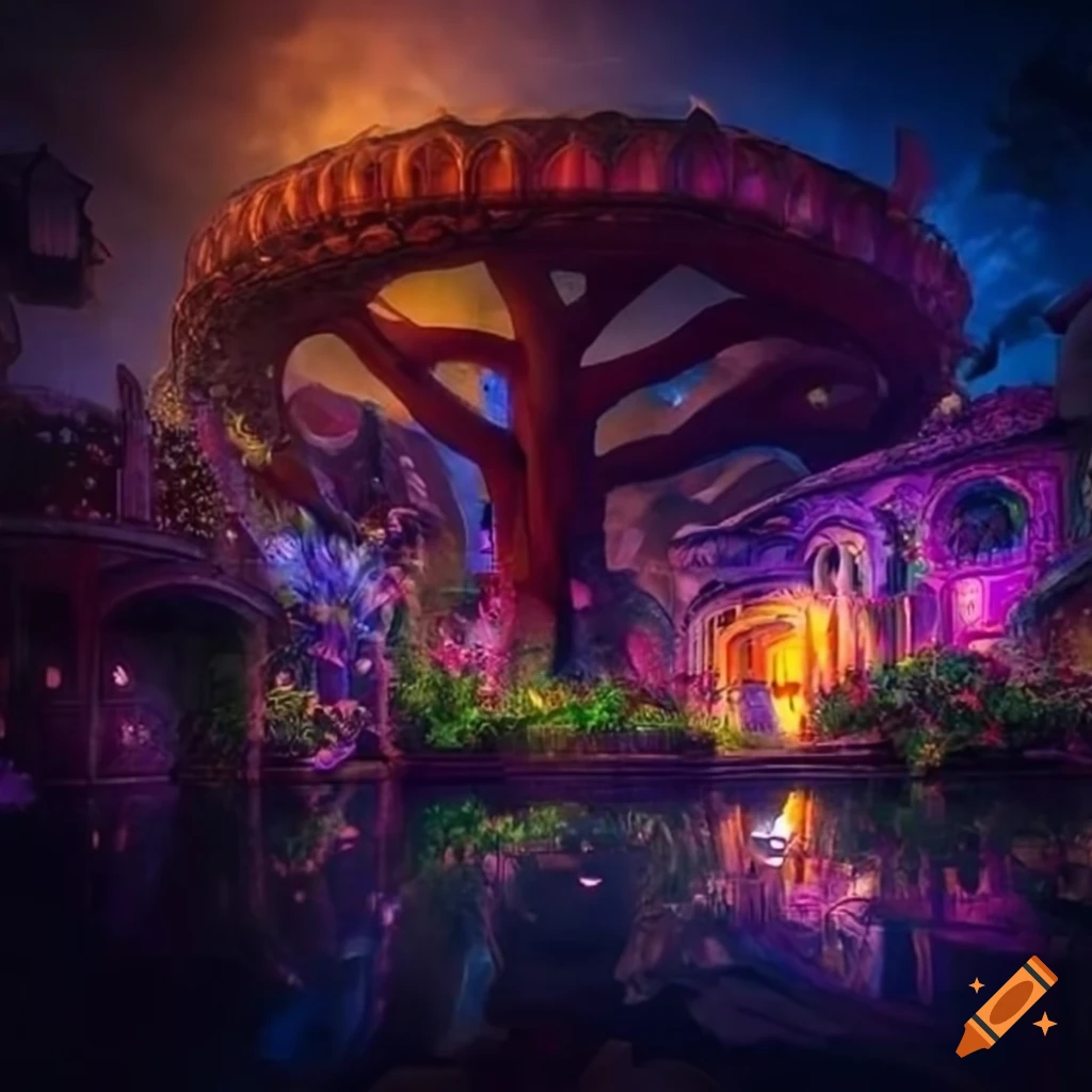 Night view of the eccentric gardens of wonderland on Craiyon