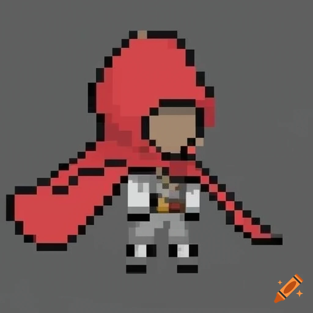 Pixel art of a black character with a red cape and hood on Craiyon