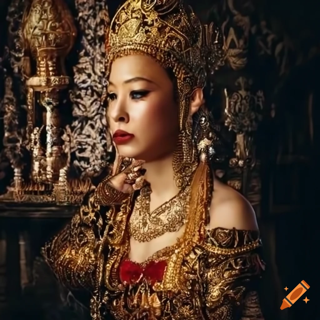 artwork of a regal queen with golden dragon designs