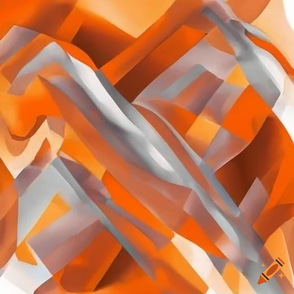 abstract artwork with coral, amber, and silver colors on white background
