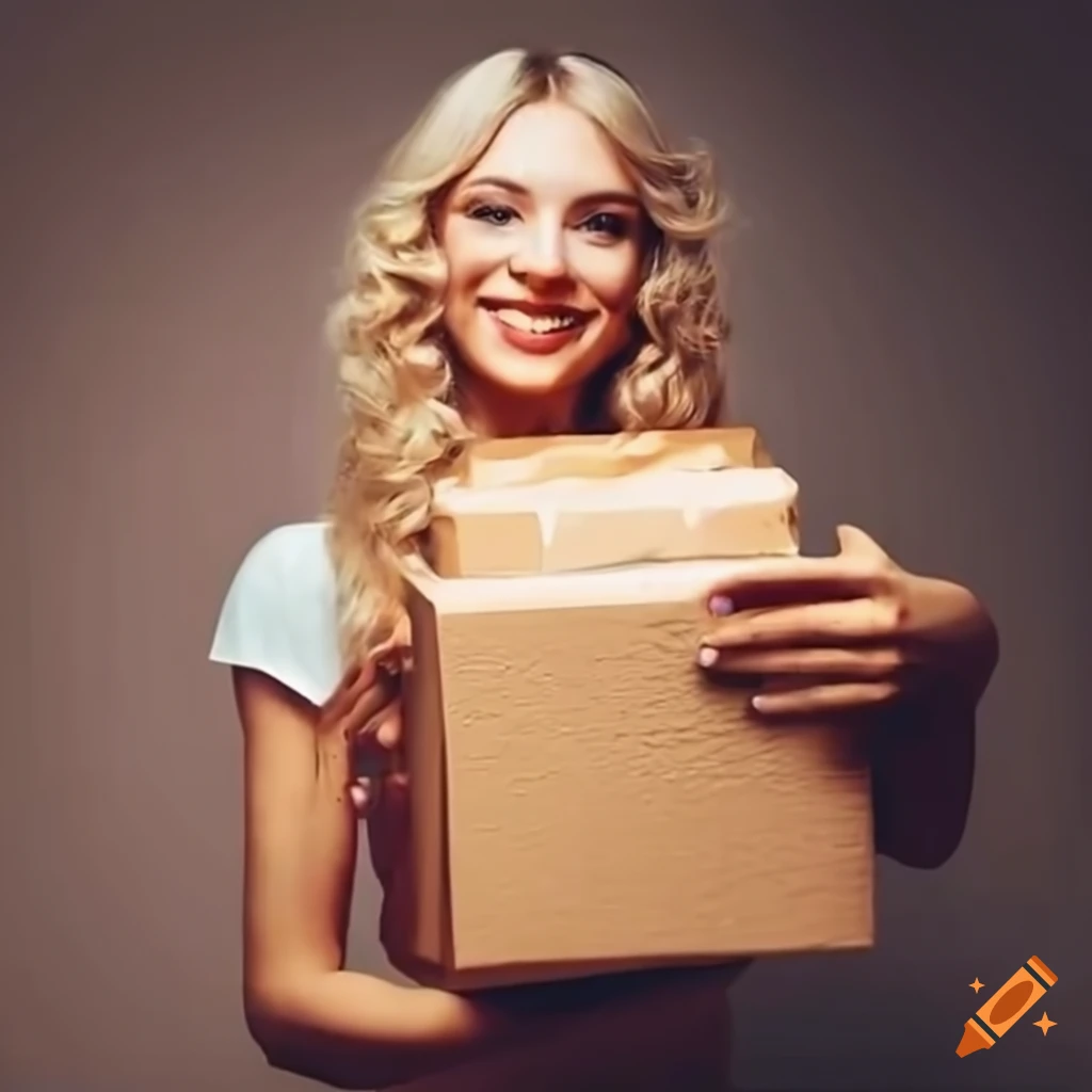 happy blonde woman receiving a package at her doorstep