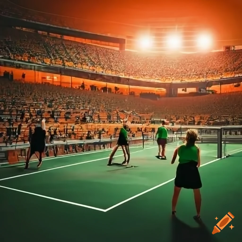 pickleball match in large stadium with orange and dark green players