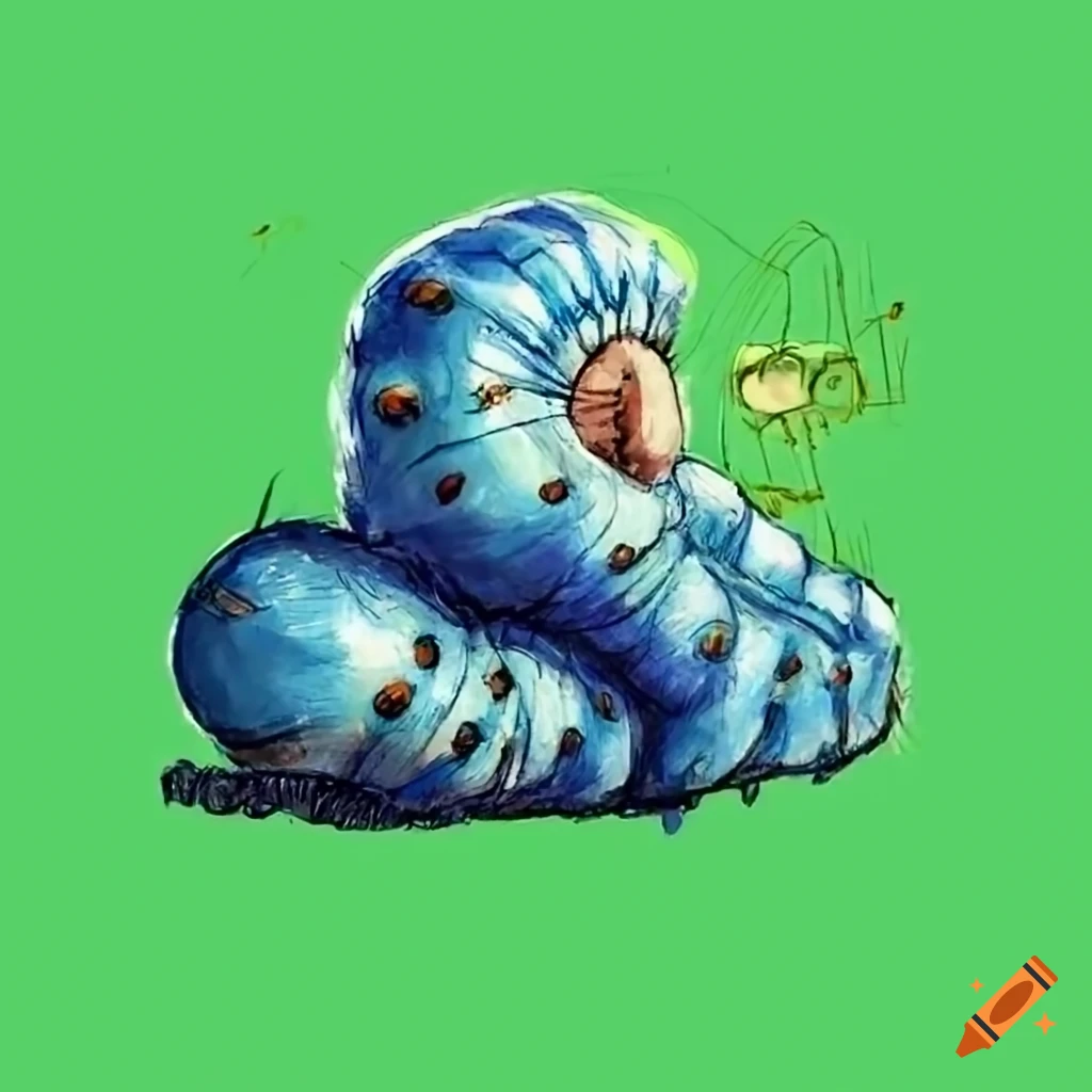 sketch of a blue caterpillar on green screen background