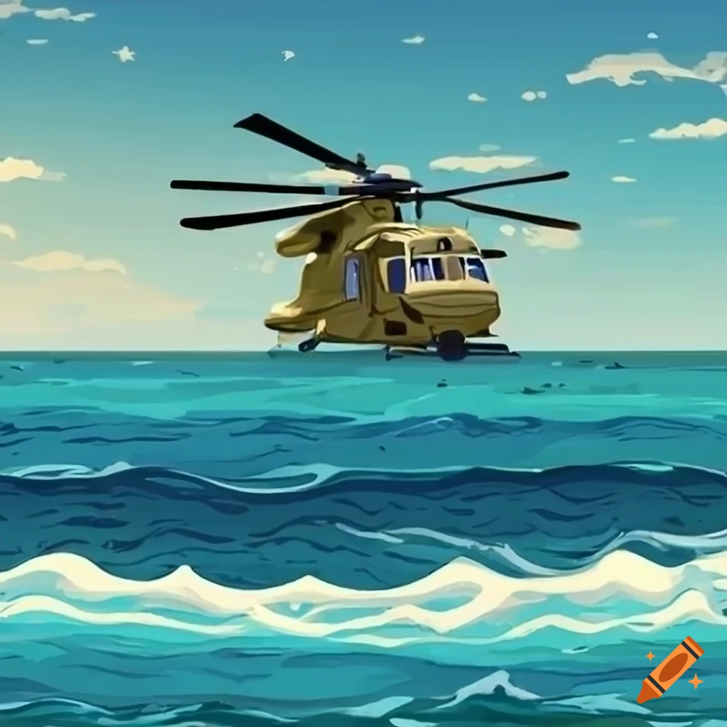 cartoon of an Australian Army NH90 helicopter flying over surfers in the ocean