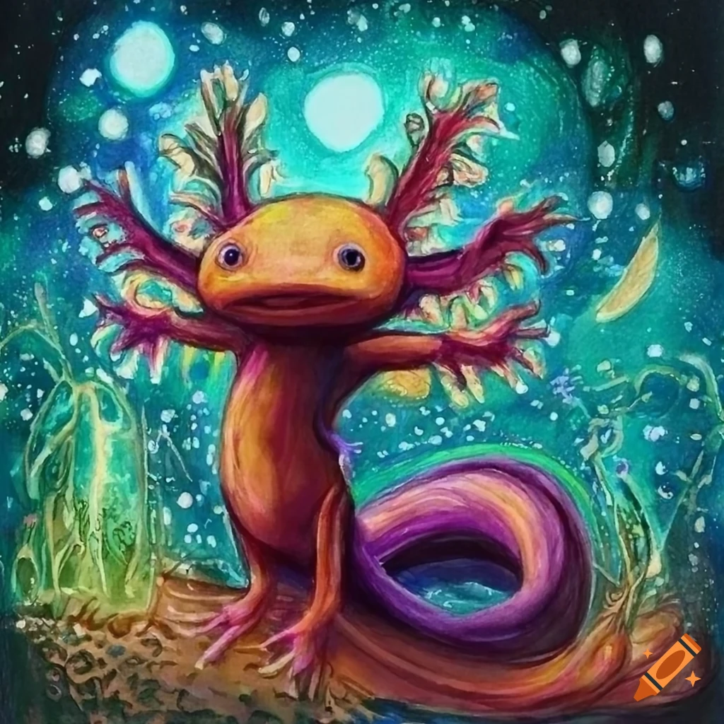 colored pencil sketch of an axolotl with magic sparkles