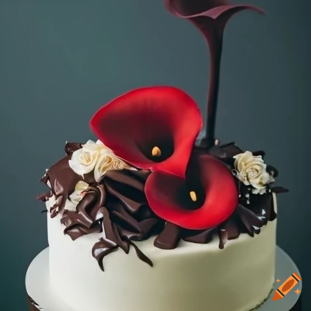 elegant wedding cake with red calla lilies and chocolate glaze