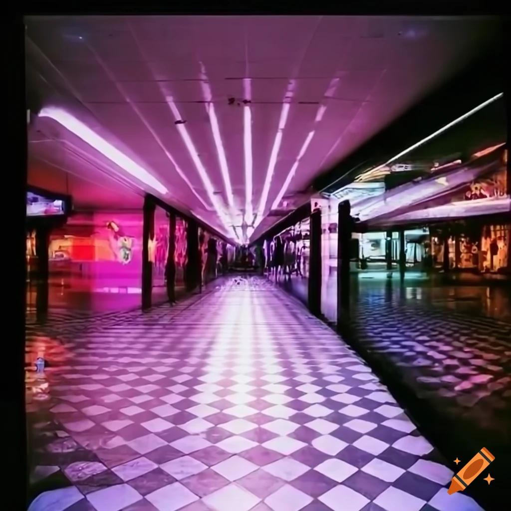 retro mall with neon signs and escalators