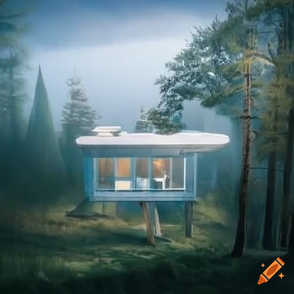solarpunk cabin with a view of the village