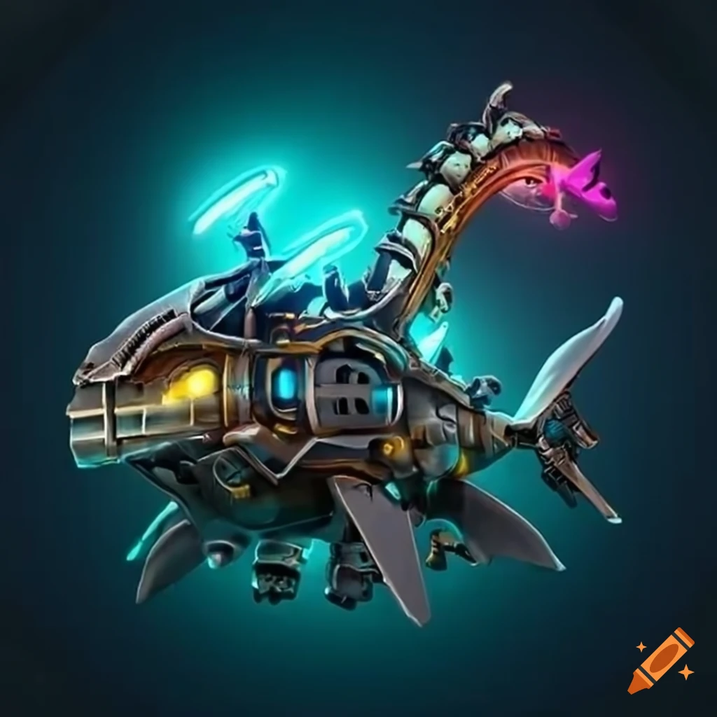 cyberpunk mechanical whale with dragon-like fins