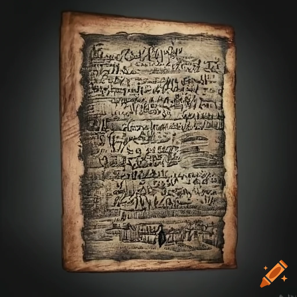 pencil drawing of a page from an ancient book with mysterious symbols