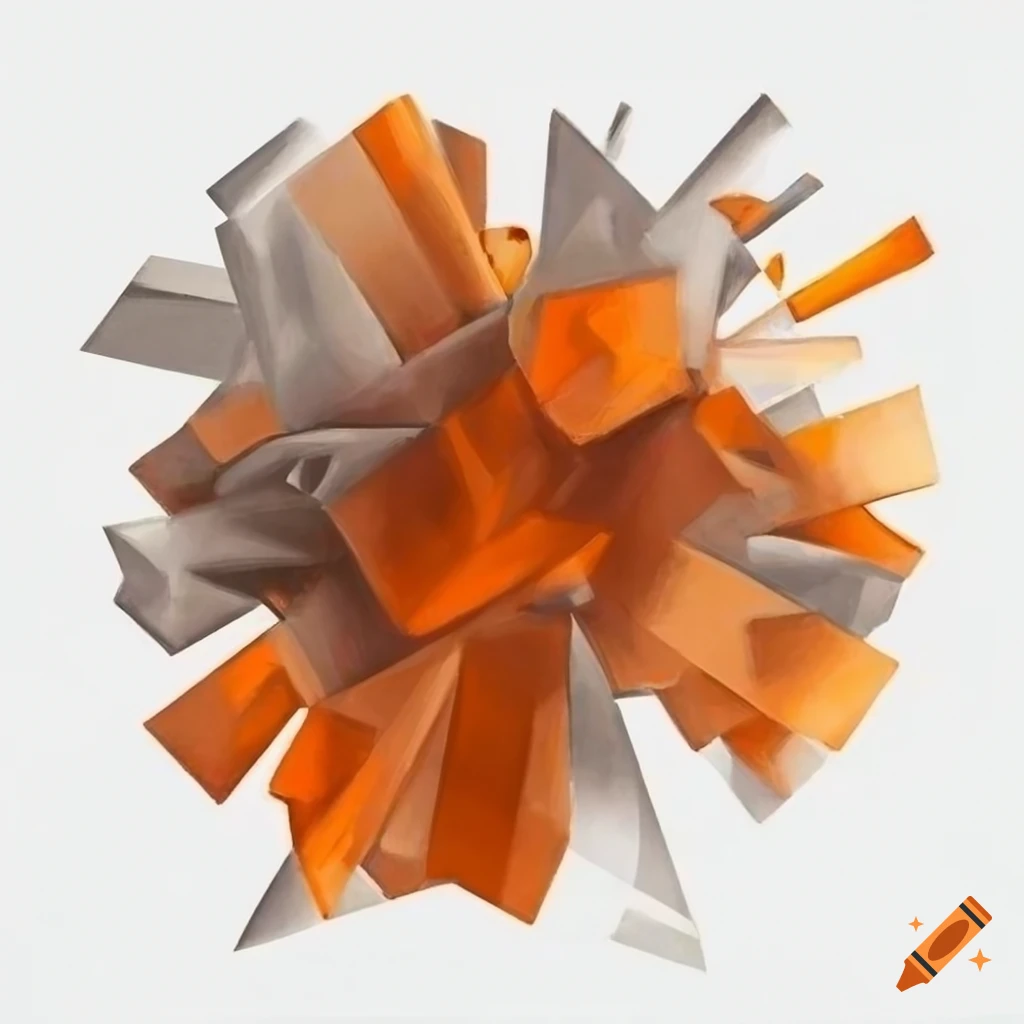 abstract artwork with coral, amber, and silver colors on white background