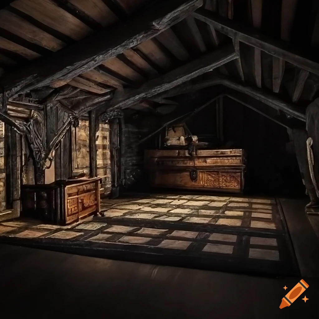 image of a medieval attic with old wooden chests and furniture