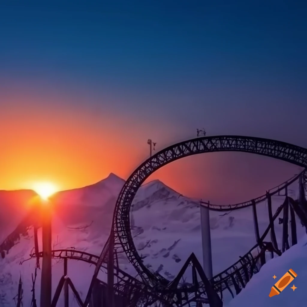 sunset theme park with rollercoaster and snowy mountains